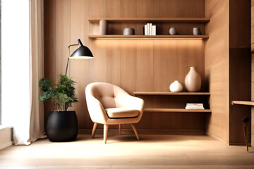 Fototapeta na wymiar lounge chair and wooden coffee table, home interior design of modern living room. generative AI