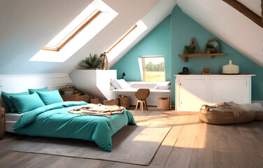 Modern interior bedroom, minimalist style, stucco wall, 3d render, Generative AI,