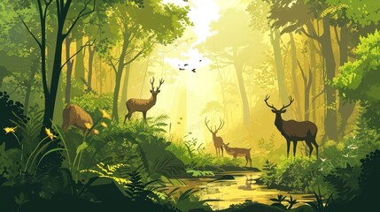  a painting of deer in a forest with a stream in the foreground and birds flying over the trees on the right side of the painting is a sunlit background.