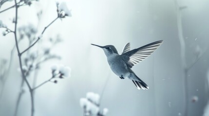  a hummingbird flying in the air with its wings open and a branch in the foreground, with snow on the ground, and branches in the foreground.