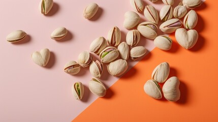 Fototapeta na wymiar pistachios on a pink and orange background and a pink and orange half - orange half - orange half - orange half - orange half - orange half - orange half.