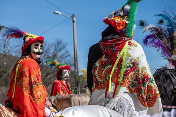 Gordijnen traditional carnival masks from Salzeda de Caselas, Ranchos and Cabaleiros. Galicia, Spain © Vic