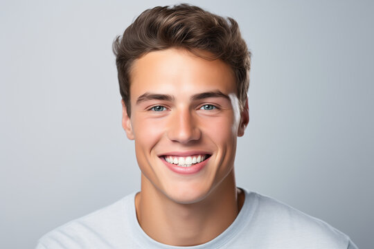 A photo portrait of a beautiful man over 18 years old, smiling with clean teeth, perfect teeth. To advertise dentistry