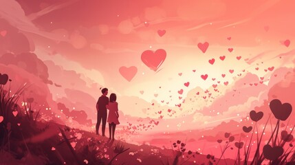  a man and a woman standing on a hill with hearts flying in the sky above them and a field of flowers in the foreground with hearts floating in the sky.