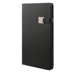 Black Leather Organizer, Daily Notebook with Magnet, isolated on white background. Stylish daily planner, clipping path. Isolated background.