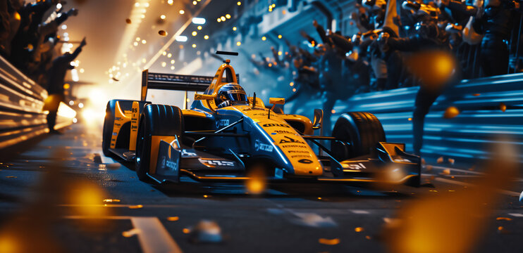 driver celebrate victory pass the finishing point and Race car racing on a track with motion blur.