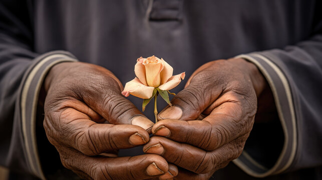Elderly hands holding roses, solidarity and support visual concept, generative ai
