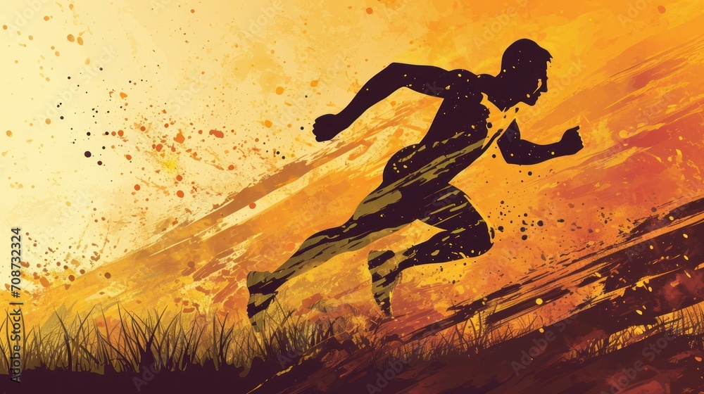 Wall mural  a silhouette of a man running in a field of grass with a yellow sky in the background and a yellow sky in the foreground with orange and yellow splats.