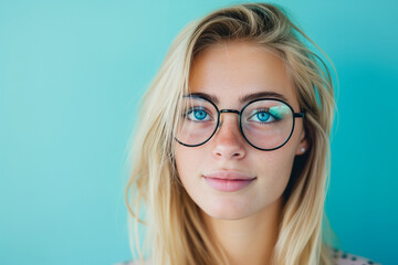 A portrait of a bespectacled young woman with blonde hair, gazing at the camera with a subtle smile, against a vibrant turquoise backdrop.