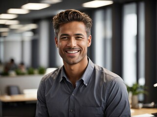 Obraz premium Smiling Man in an Office Setting, Professionally Content and Happy Worker at His Workplace. Generative AI.