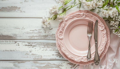 Light pastel colored table setting. pink rose plate, and vintage silverware on rustic table. Top...