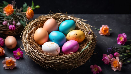 Fototapeta na wymiar Beautiful color Easter eggs in a nest on an old dark background