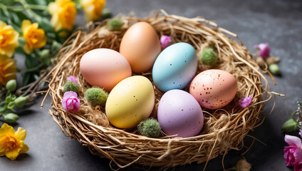 Naklejka na ściany i meble Beautiful color Easter eggs in a nest on an old dark background template