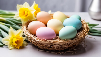 celebrate color Easter eggs in a nest on an old dark background