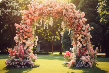 A romantic wedding arrangement with a floral arch, celebrating love amidst nature's beauty.