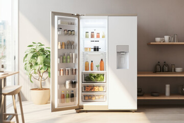 A modern kitchen refrigerator with an open door, revealing a cool and frosty interior. - obrazy, fototapety, plakaty