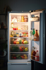 A well-stocked refrigerator with fresh fruits and vegetables, offering a variety of healthy options.