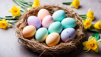 Fototapeta na wymiar Beautiful color Easter eggs in a nest on an old dark background greeting