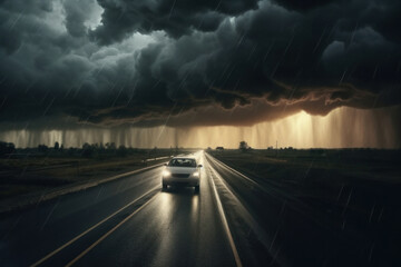 Obraz premium A car races through a stormy night, dramatic clouds, and threatening weather on the horizon.