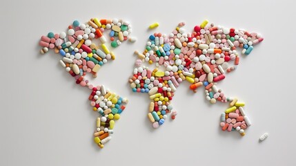 The world map made of tablets and capsules of different colors. Healthcare and medicines. Pharmaceutical companies. Production of medicines, food additives, chemicals for the agricultural industry.