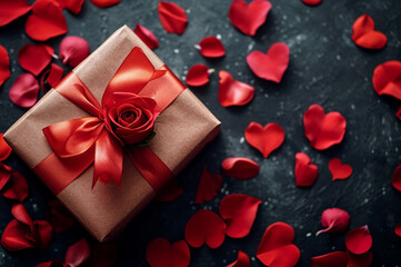 Timeless Romance: Gift Box with Red Rose and Scattered Petals - Valentine and Love Background