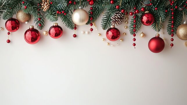 The image showcases a beautiful arrangement of Christmas decorations including red and gold ornaments, pine cones, and green pine branches, arranged in a border layout on a white background.