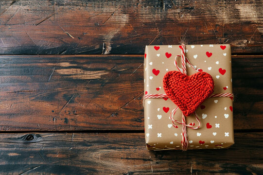 Handcrafted Love: Knitted Heart on Heart-Print Gift Wrap - Valentine and Love Background