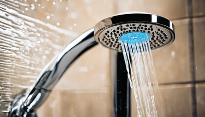 Eco-friendly bathroom concept, detailed view of a shower head with streaming water, highlighting drops and splashes