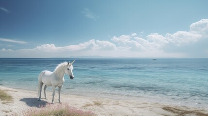 A white horse standing on a beach next to the ocean. Generative AI. - Powered by Adobe