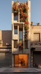 A building with a balcony and flowers growing on it. Generative AI.