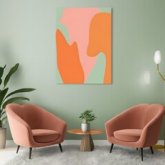 Minimalist interior in a painted wall, two soft armchairs. Light pink, green pastel colors. Cute cozy interior composition