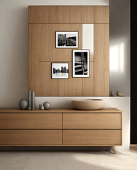 poster frame on tiled wall above wooden dresser interior design of modern living room. generative AI