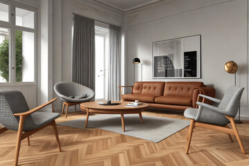 lounge chair and wooden coffee table, home interior design of modern living room. generative AI