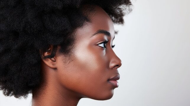 This image shows a side profile of a woman with natural curly hair against a light background.