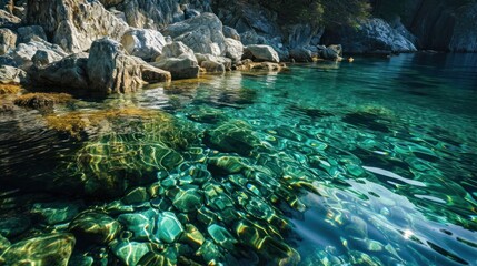  a body of water filled with lots of clear blue water next to a rocky shore covered in lots of green and yellow algae growing on the bottom of the water.