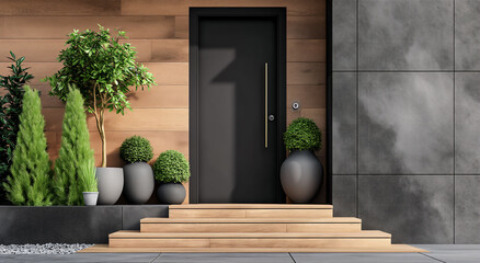 Black front door, front door of a house adorned potted plants. Front door, black front door


