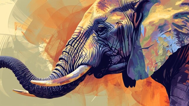  a painting of an elephant's tusks and tusks are painted on a yellow, orange, blue, and pink background with an orange hue.