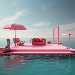 Fototapeta premium Pink platform floating on water with pink furniture and umbrella