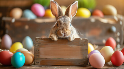 Easter bunny holding a wooden sign surrounded by Easter eggs