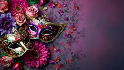 Deurstickers Carnival mask on a purple background with space for text and floral composition with various flowers. Venetian Carnival mask on a neutral background. © Patrick