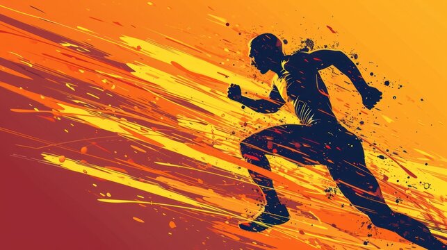  a silhouette of a man running on an orange and red background with splashes of paint in the shape of a man running on a red and orange background with splashes.