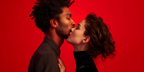 Attractive passionate couple against red background