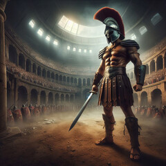 Roman gladiator inside the coliseum, Gladiator inside battle arena. Ancient Rome gladiatoral games in coliseum.