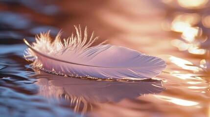  a feather floating on top of a body of water next to a light reflecting off of the surface of the water and the light reflecting off of it's surface.
