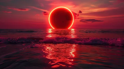  A neon red ring is glowing above ocean waves during a beautiful red sunset. © Oleksii