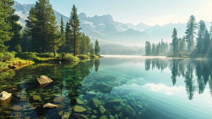  a painting of a lake surrounded by pine trees and a mountain range in the distance with a fog in the sky over the water and rocks in the foreground.