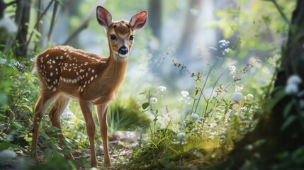  a small deer standing in the middle of a forest filled with tall grass and wildflowers, with a blurry background of trees and white flowers in the foreground.