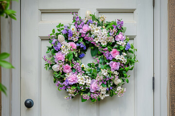 Spring flower wreath hanging on a house wooden door. Fresh wild flowers and home decoration. Generative AI