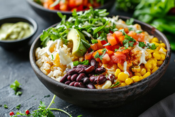 Mexican chicken burrito bowl with beans, tomato, avocado, corn and lettuce. Generative AI - obrazy, fototapety, plakaty