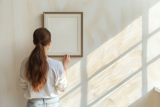 Woman hanging blank frame on light wall in bedroom. Generative AI